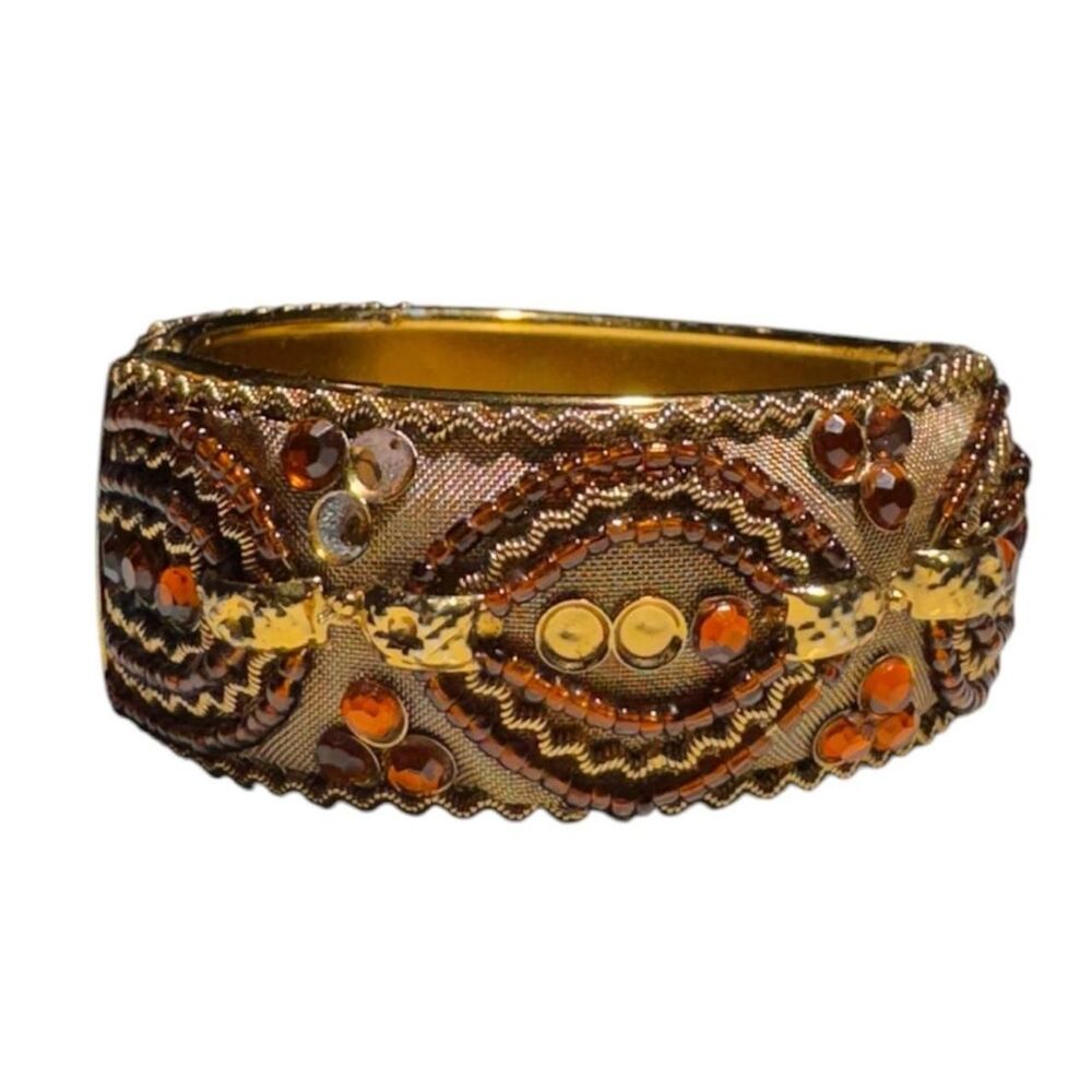 Gold brown beaded bangle with orange brown gemstones gold accents vintage